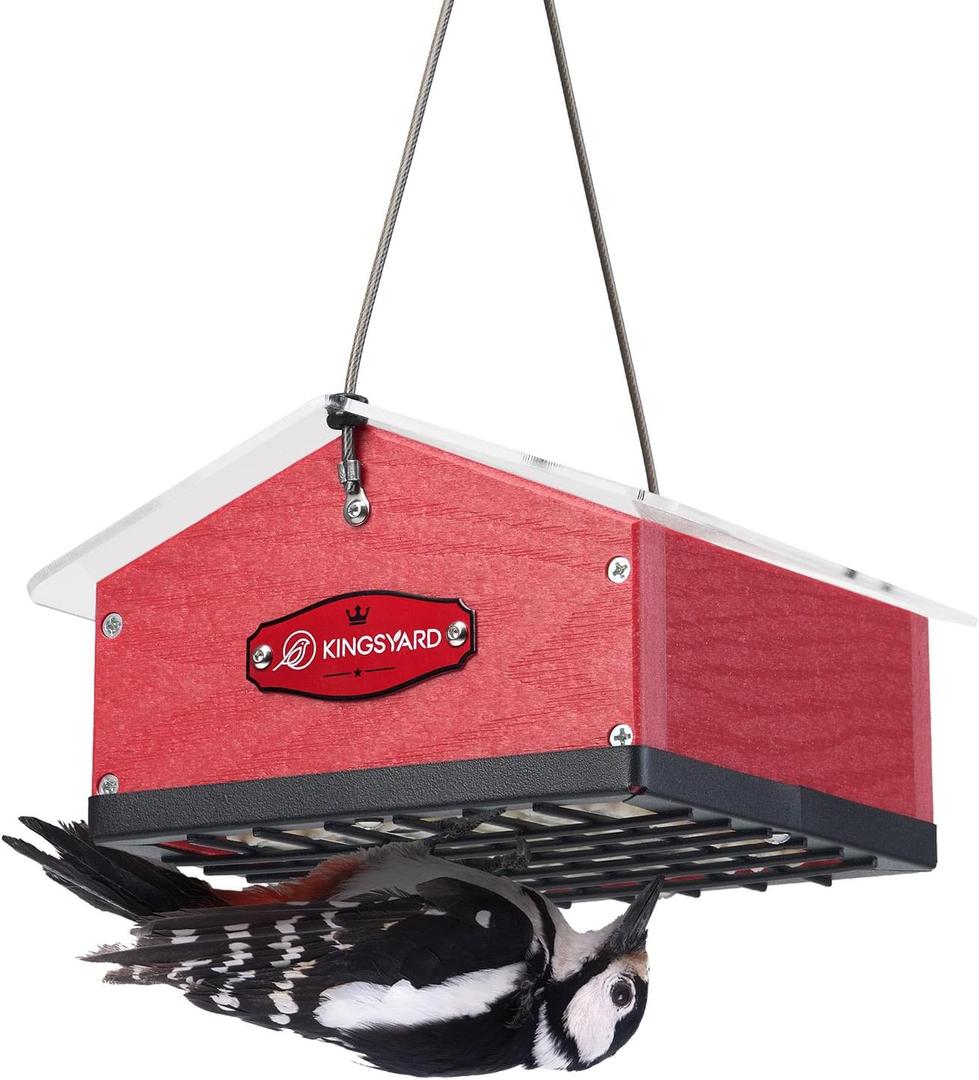 Kingsyard Upgraded Upside Down Double Suet Feeder for Outside Hanging, Squirrel-Proof Metal Edging, Wild Bird Feeder with Metal Weatherproof Roof, Attracting Woodpeckers, Nuthatches, Titmouse (Red)