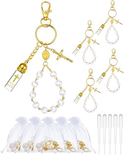 Blushtier 5 Set Holy Water Bottle Keychain with Rosary Bead Crucifix Organza Bags Catholic Gifts for Baptism Favors First Communion (Golden)