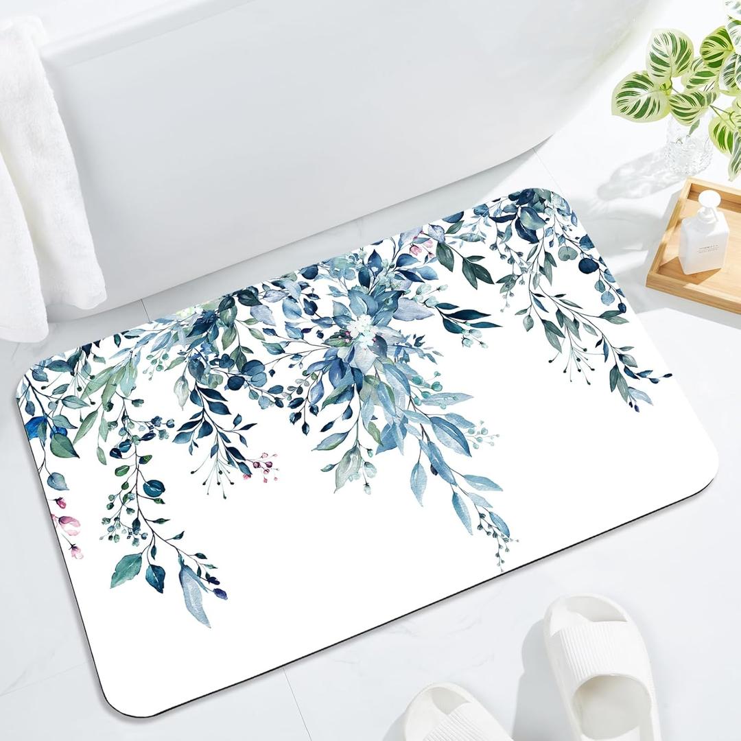Gibelle Eucalyptus Leaves Bath Mat Rug Super Absorbent Quick Dry Thin Bathroom Rugs Fit Under Door Non Slip Rubber Backed Bathroom Floor Mat for in Front of Bathtub Sink Shower (17"x24", Blue) (A003)