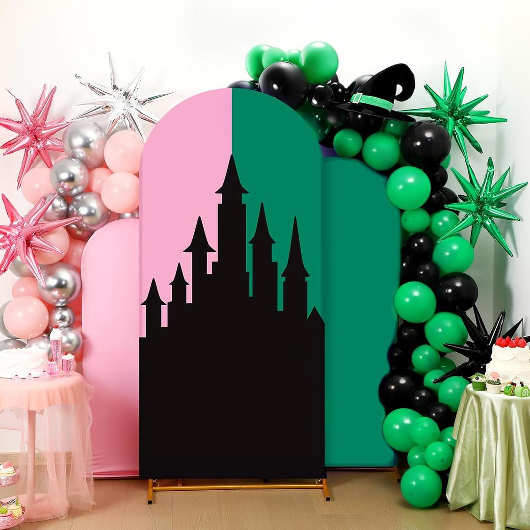 Soulchen Witch Party Arch Backdrop Covers Set of 3 with 200 Balloons 4/5/6 ft Pink Green Glitter Fabric Birthday Arch Covers Exploding Star Balloon for Halloween Witch Princess Themed Party Decors