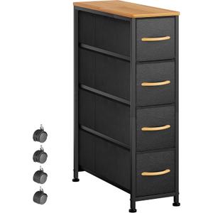 Narrow Dresser Storage Tower with 4 Drawers, Slim Dresser Chest of Drawers with Steel Frame, Wood Top, Dresser for Bedroom, Bathroom, Small Spaces, Laundry, Closet (Black) (18.9"D x 7.9"W x 29.5"H (4 Drawers))