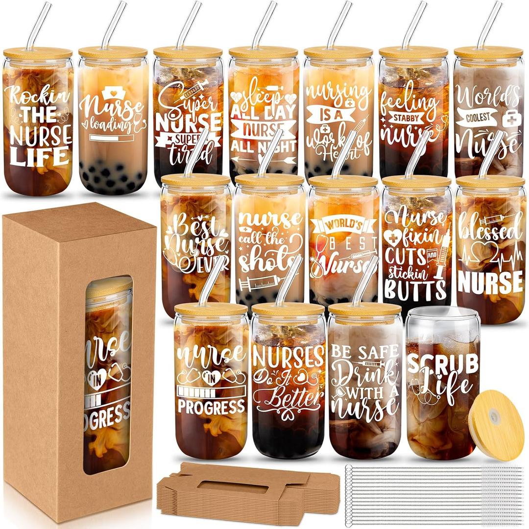 Pickmesh 16 Sets Nurses Week Cups Graduation Gifts Nurses Employee Appreciation Gifts Bulk Includes 16 oz Glass Cups with Lid Straw and Gift Boxes(Stylish)