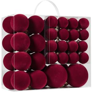 Velvet Christmas Ball Ornaments Set-46pcs Flocked Shatterproof Christmas Tree Decorations Plastic Xmas Decorative Hanging Ornaments for Xmas Holiday Home Decor,3 Sizes (Burgundy)