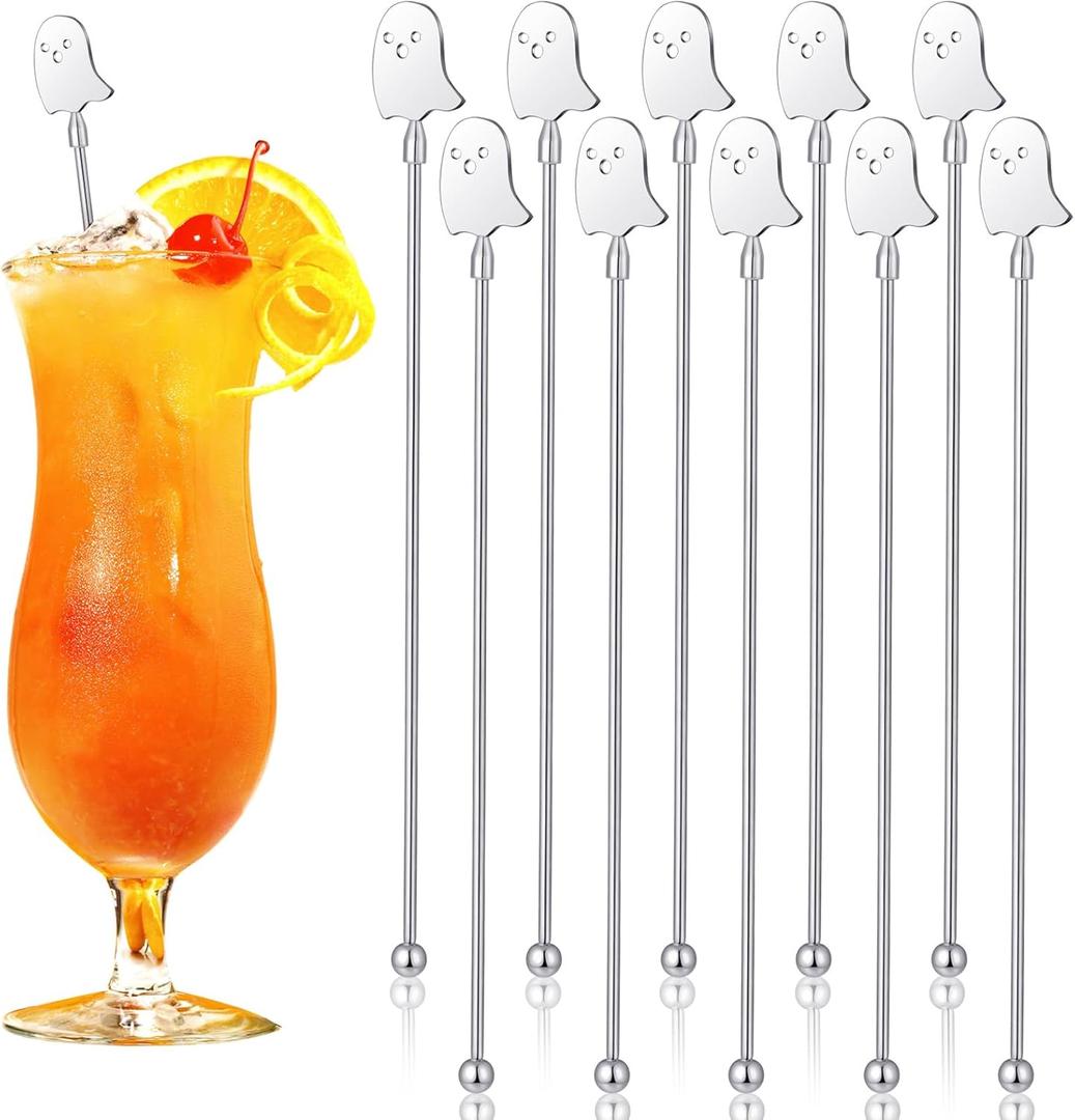 10 Pcs Halloween Swizzle Sticks Stainless Coffee Cocktail Stirrers 8.07 Inches Ghost Stirrers Reusable Cocktail Stir Sticks for Halloween Party Tea Coffee Bar Decoration