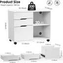 DUMOS Lateral File Cabinet with 3 Drawers Rolling Filing Cabinets Under Desk Storage Printer Stand Wood Organizer with Wheels Adjustable Shelf for Office Home Small Space, White