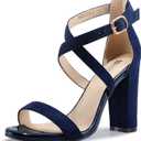 IDIFU Women's Chunky High Heel Sandal Strappy Open Toe Ankle Strap Dress Shoes for Women Bridesmaid Ladies in Wedding Bridal Evening Homecoming Prom, 5, Blue Suede
