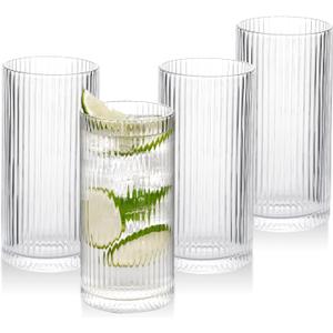 WHJY Ribbed Glassware Tall Highball Glasses Unique Everyday Drinking Glasses Set of 4 for Cocktail, Whiskey, Beer, Juice -13 oz 5.7"