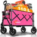 Collapsible Beach Wagon Cart with Big Wheels, 440LBS Upgrade Large Capacity Folding Wagon, Foldable Grocery Wagons with Side Pocket and Brakes, Ideal for Sand Camping Outdoor Garden Sports, Rose