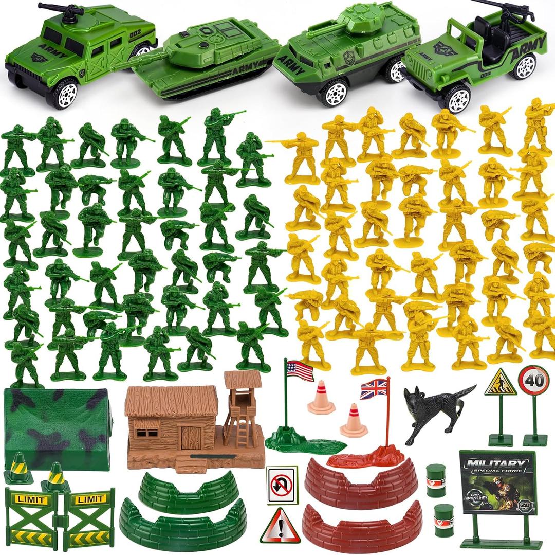 105 PCS Army Men Playset with Army Men Action Figures, Army Men Soldiers Toys for Boys Kids Ages 4-8-12, Military Toys Set with Army Men Tank, Plane, Green Army Men, Army Guys, 4 Cars