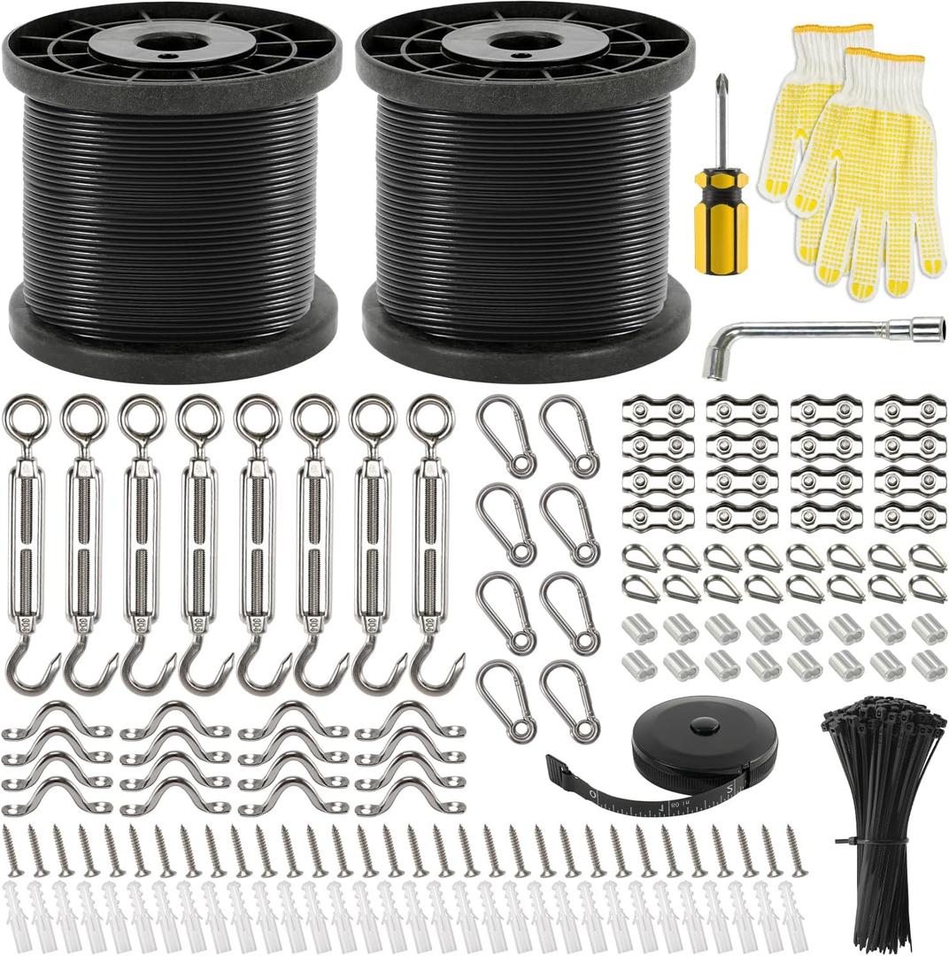 400 Ft String Light Hanging Kit Outdoor, Nylon Coated Stainless Steel 304 Wire Rope, String Light Kit Included Enough Accessories, Guide Wire for Outdoor String Lights, Patio Lights, Camping Lights (400FT)