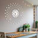 Large Wall Clock Metal Decorative Wall Clocks Silent Non-Ticking,Bling Shining Modern Art Starburst Big Wall Clocks for Living Room Bedroom Dining Room Kitchen Decor,Dia 28 Inch Silver