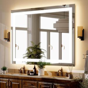 GLSLAND 26"x38" LED Bathroom Mirror with Lights, Dimmable Front and Backlit Vanity Mirrors, Wall Mounted Anti-Fog Lighted Mirror, Horizontal/Vertical Hanging