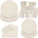 140Pcs Ivory Plates and Napkins, Beige Party Supplies Include Scalloped Cream Paper Plates Napkins Cups Thanksgiving Plate Set for Birthday, Wedding, Bridal&Baby Shower (Ivory white)
