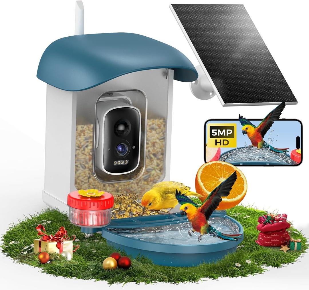 Bird Feeder with Camera 5MP Live Video, Solar Powered Smart AI Identify Birds Species, 2.4G WiFi Camera with Squirrel-Proof, 2-in-1 Bird Bath, Instant Arrival Alerts, Ideal Gifts for Birdlovers
