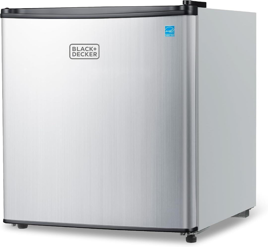 BLACK+DECKER 1.7 Cu. Ft. Compact Refrigerator, ENERGY STAR Certified, Single Door Mini Fridge with Chiller Compartment, Personal Fridge for Home or Dorm Room, R600a Refrigerant, BCRK17V,Stainless Look