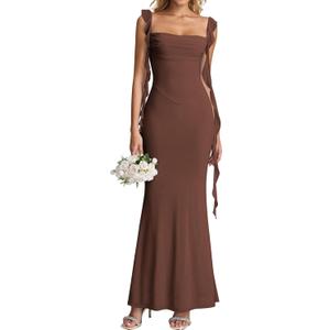 KUTUMAI Elegant Long Formal Wedding Guest Dresses for Women 2026 Ruffle Bodycon Cocktail Party Maxi Dress (Large, Brown)
