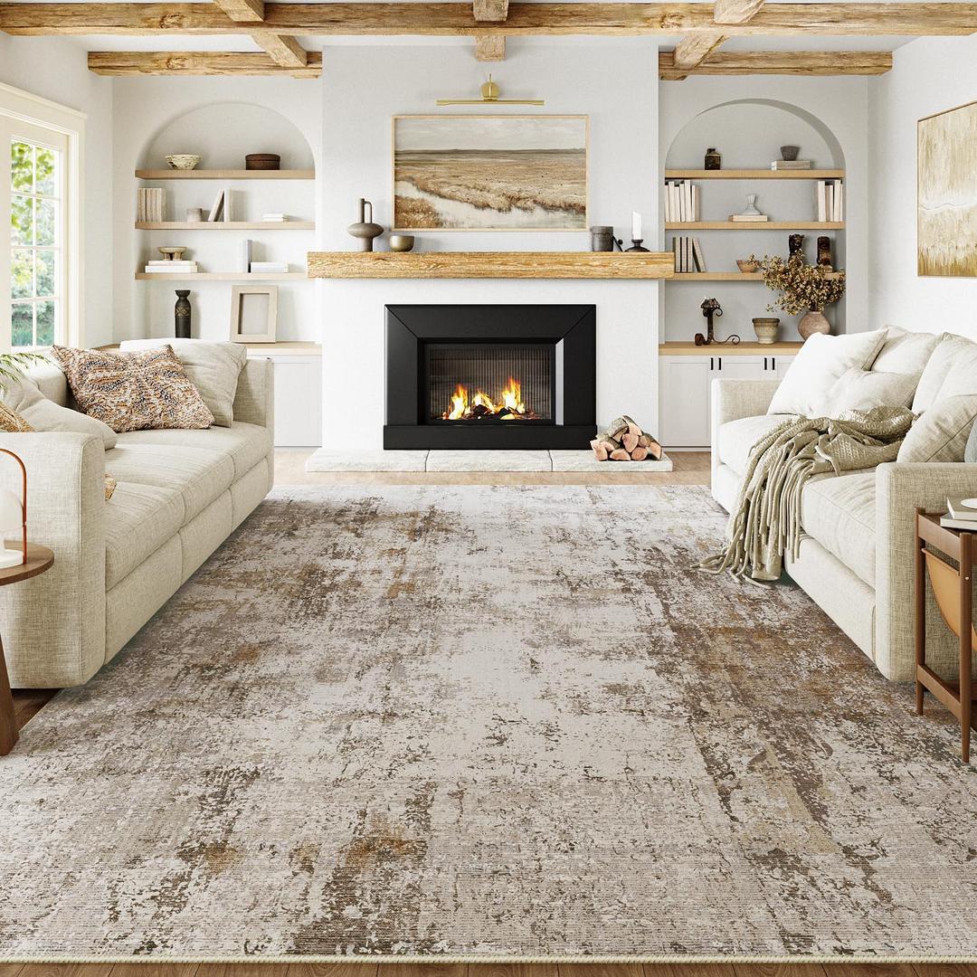 8x10 Washable Area Rug Brown Grey Neutral Abstract Living Room Bedroom Large Throw Rug Non Slip Soft Low Pile Indoor Floor Carpet for Dining Room Kitchen Office Entryway (8ft x 10ft (Rectangular))