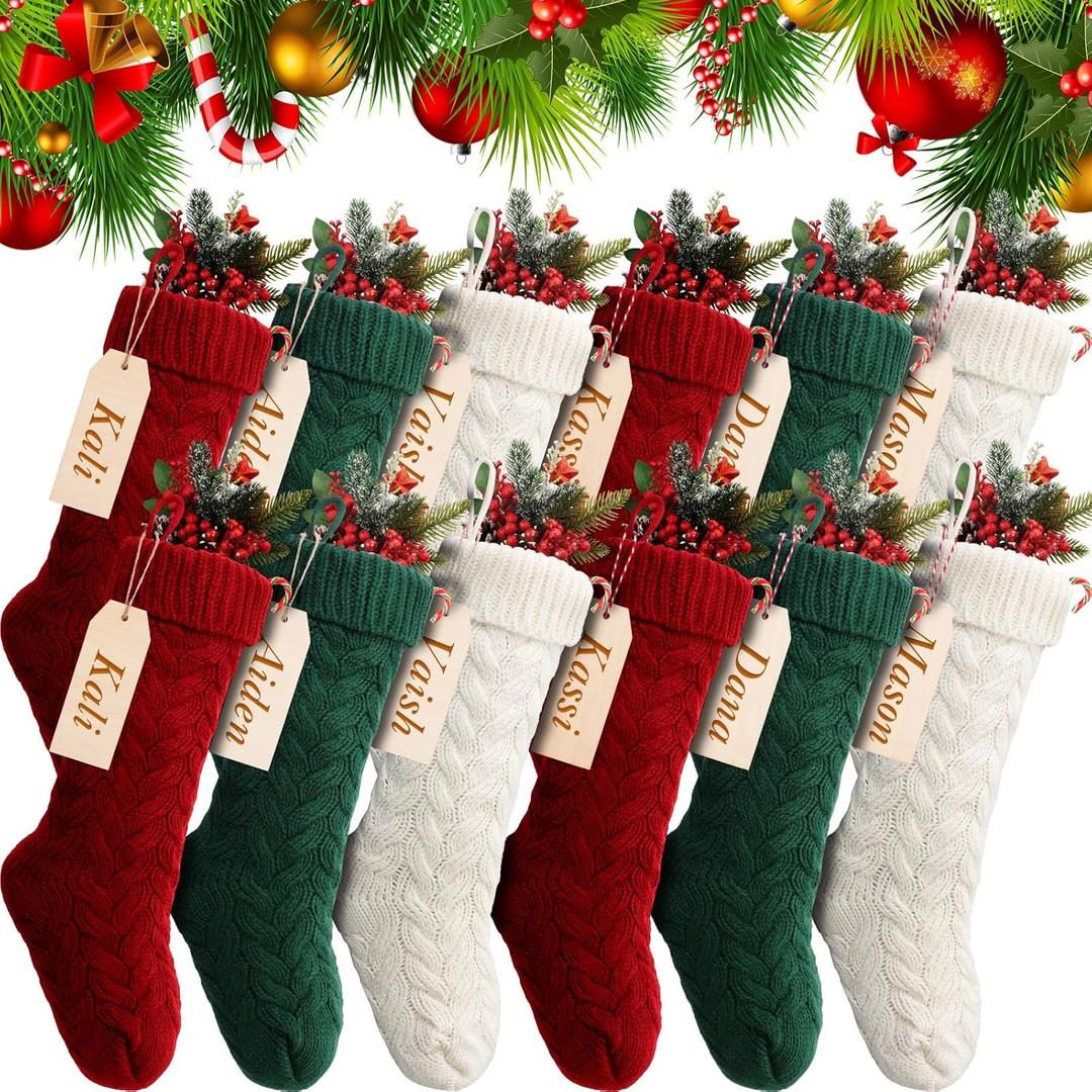 Sumind 12 Pack Personalized Christmas Stocking 18'' Large Family Knitted Xmas Stocking with Name Tags Set for Holiday Fireplace Party Decor (Burgundy, Green, Ivory)