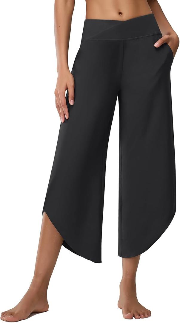 Women's Petite Wide Leg Dance Pants High Waist Travel Lounge Cropped Pants Lightweight Yoga Trousers w Pockets (M, Black)