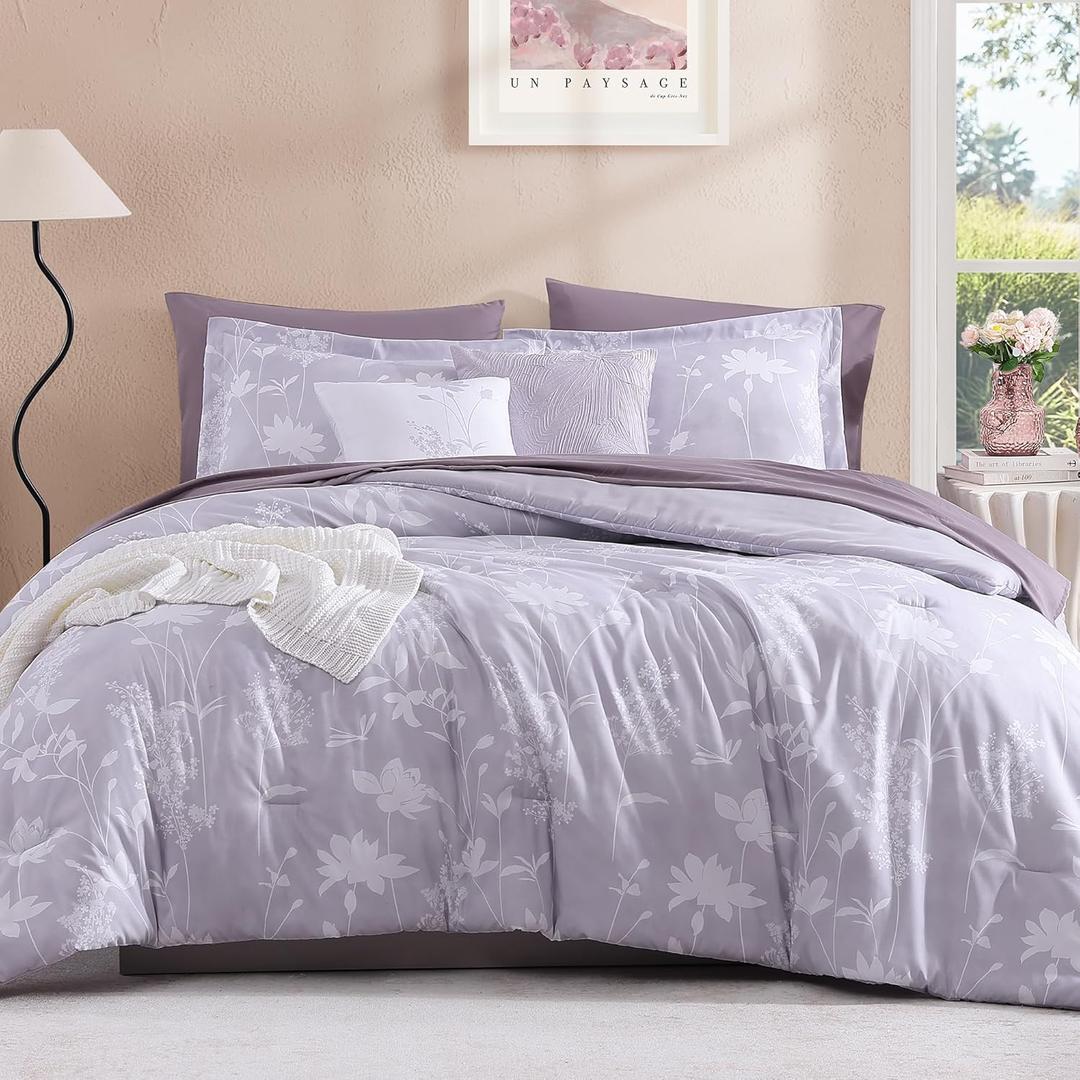 BLOOMHAVEN Full Comforter Set -7 Pieces Floral Purple Comforter Set for All Seasons, Bed in a Bag Full with Botanical Flowers Comforter, Sheets, Pillowcases & Shams