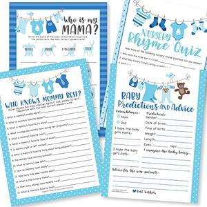 Hadley Designs Baby Shower Games for 25 Guests - Blue Clothesline Baby Predictions & Advice Cards, Who Knows Mommy Best, Nursery Rhyme Trivia Game, Who is My Mama Babyshower Games for Boy, Made in USA
