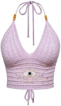 BEAUDRM Women's Y2k Crochet Halter Top Goth Clothes 70s Hippie Top Boho Crop Tie Backless Knit Cami Tank, XS