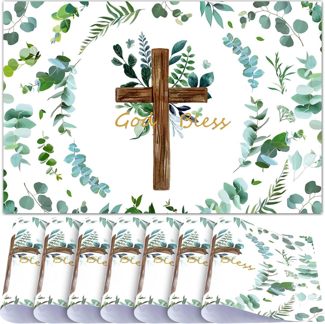 Tenceur 100 Pcs First Communion Paper Placemats Religious Disposable Placemats God Bless Treat Placemats for Boys and Girls Baptism Christenings Easter Weddings Holiday Birthday Party Supplies