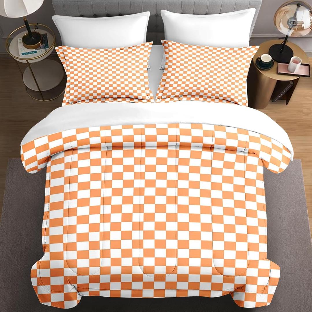 Checkered Plaid Dusty Orange Comforter Set 7 Pcs Queen Size Quilt, Minimalist Trendy Bauhaus Checkerboard Grid Soft Bedding Set with Flat Fitted Sheet Pillowcases Sham for Adults Bedroom Bed Decor