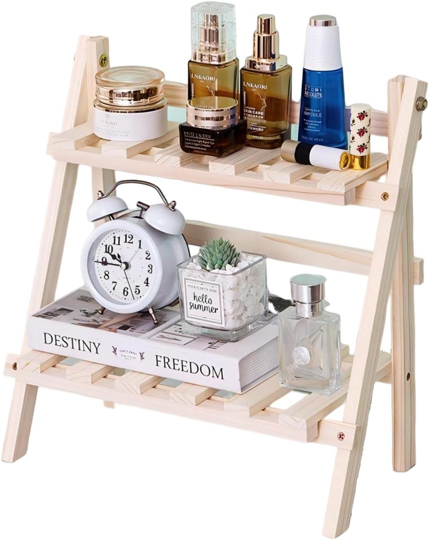 2 Tier Foldable Ladder Plant Stand Desktop Shelf Organizer Rack Wooden Display Risers for Selling L 13.3 x H 13.8 x D 7.1 in (DIY)