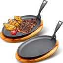 FoldTier 2 Sets Cast Iron Skillet Set 10.63'' x 6.89'' Fajita Plate Sizzling Pan with Wooden Base Anti Scald Protection Removable Handle for Restaurant Kitchen Cooking Accessory BBQ Party