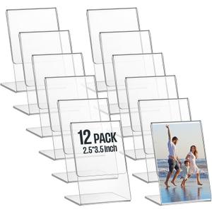 Ctosree 12 Pcs Acrylic Photo Frame L shape Slant Back Desktop Photo Frames Plastic Clear Sign Clear Acrylic Display Stand Table Top Sign for Home Office Wedding Restaurant Menu (2.5 x 3.5 Inch)