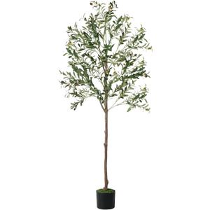 Olive Tree, 6FT Tall Faux Olive Tree with Moss and Planter, Olive Trees Artificial Indoor with Realistic Wood Trunk and Lifelike Fruits, Fake Tree for Home Office Living Room Decor (5ft 10in)