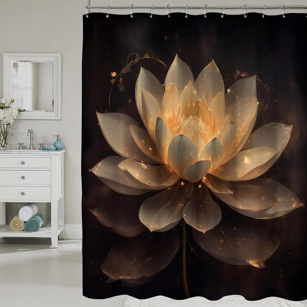 Black Gold Flower Shower Curtain for Bathroom, Yellow Golden Lotus Floral Fabric Bath Decoration Set with Hooks 72x72 Inch