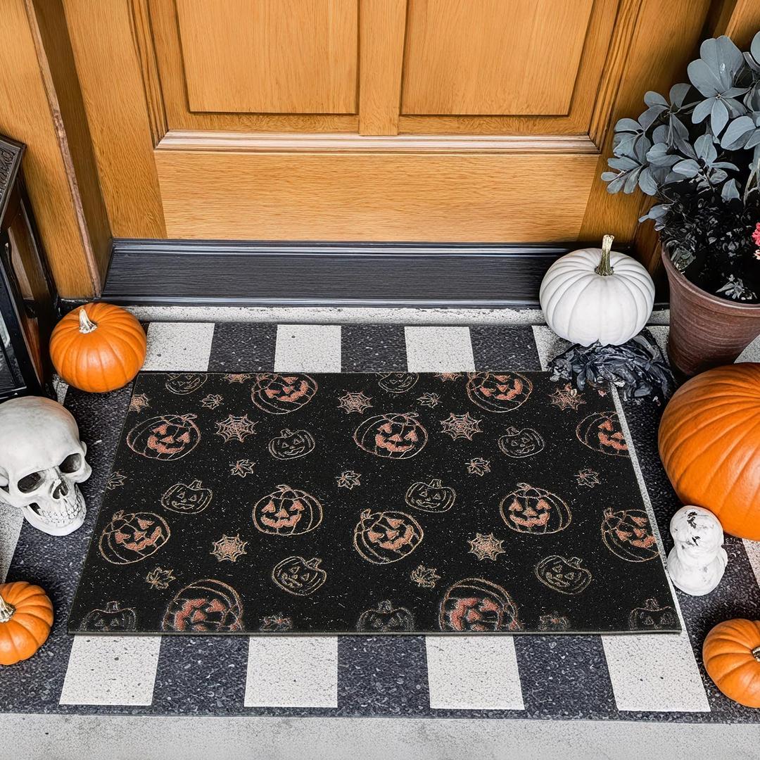 Halloween Door Mat, Halloween Pumpkin Doormat Outdoor Front Door Entrance Absorbent Entry Mat with Non Slip Backing, 17''x30'', Pumpkins Black