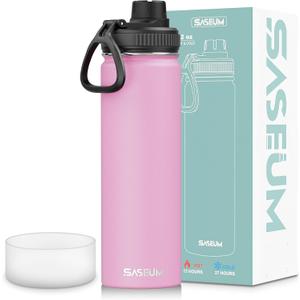 SASEUM Sport Water Bottle 22oz Stainless Steel Double Wall Vacuum Thermal Mug with Leak Proof Spout Lids, Wide Mouth Metal Insulated Water Jug for Gym and Travel（Pink）
