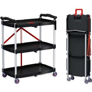 3-Tier Collapsible Cart with Wheels, 240LBS Load Capacity Folding Utility Cart for Garage, Office, Storehouse, Kitchen