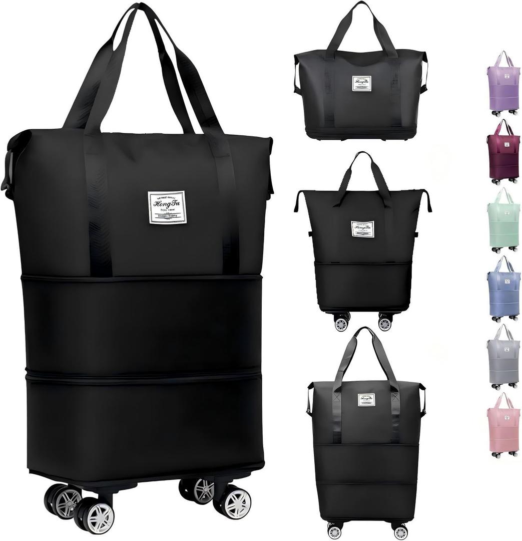 Luxhe Expandable Foldable Duffle Bag with Wheels | Detachable Rolling Wheels & Handle | Lightweight Carry on Luggage for Men & Women | Travel Bag Suitcases (Black)