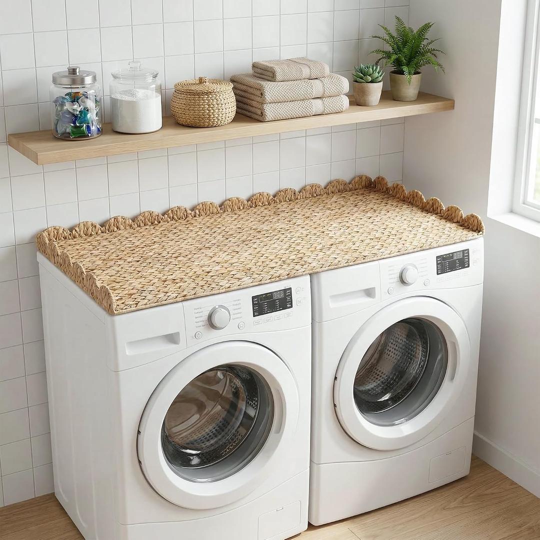 Coeusy Wicker Washer Dryer Countertop, 54" W x 27.5" D Water Hyacinth Woven Washer and Dryer Countertop, Boho Decorative Laundry Topper with Scalloped Edge for Laundry Room Organization (Natural)