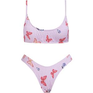 Women's Triangle Bikini Set Smocked Textured Scoop Frilled Print Ruched Elastic Swimsuit Two Piece Bathing Suit Medium