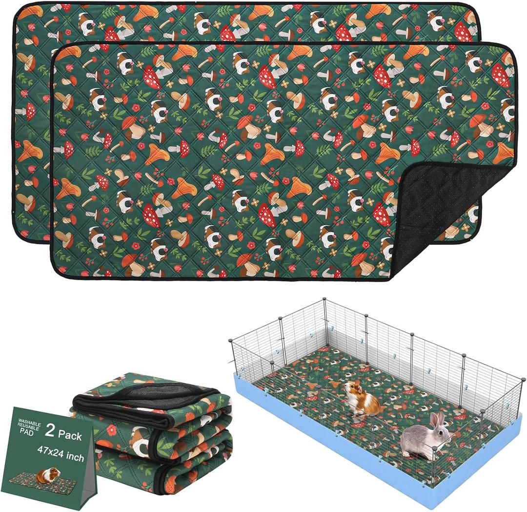 2 Pack Guinea Pig Cage Liners - Washable 47"X24" Bedding Pee Pad, Super Absorbent, Waterproof & Anti-Slip Reusable Mat for Rabbit, Hamster, Rat (Green)