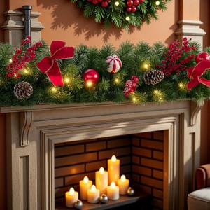 9 FT LED Christmas Garland, Multi-Function with 50 Warm White Multi-Color Lights, Battery Opreated Christmas Decor Timer Home Mantle Stairs Railing Fireplace Outdoor Indoor Wall (Green RED 9FT)