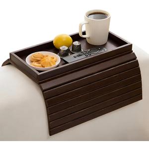 Bamboo Sofa Arm Tray Table, Foldable Couch Arm Tray Side Table, Anti-Falling Armrest Tables Cup Holder for Snacks, Couch Armrest Organizer, Serving Tray for Snacks and Drinks (Brown)