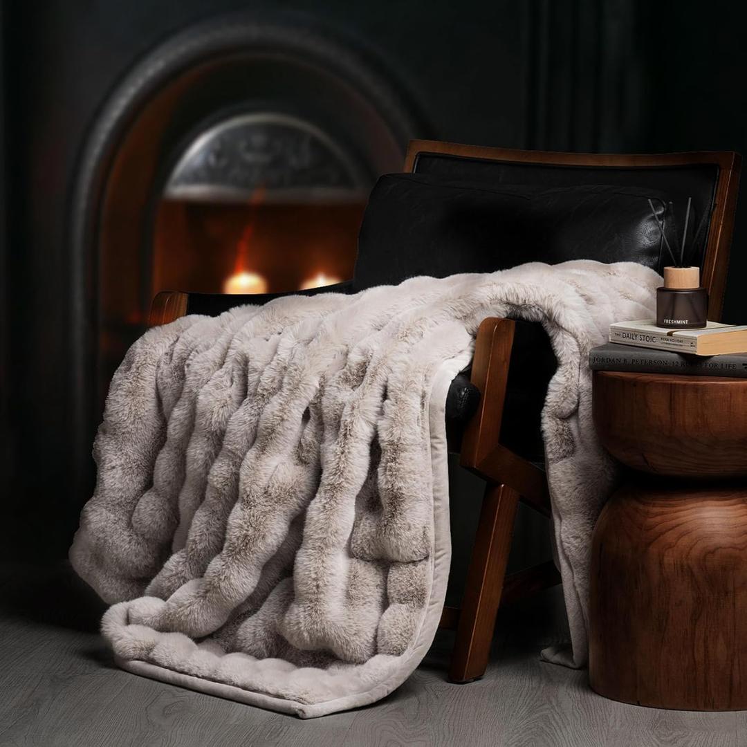 EverGrace Ultra Soft Luxury Fluffy Faux Rabbit Fur Throw Blanket, Thick Warm Bubble Throw for Bed, Cozy Plush Reversible Blankets for Couch, Chair, Sofa, Taupe, 90x90 Inches