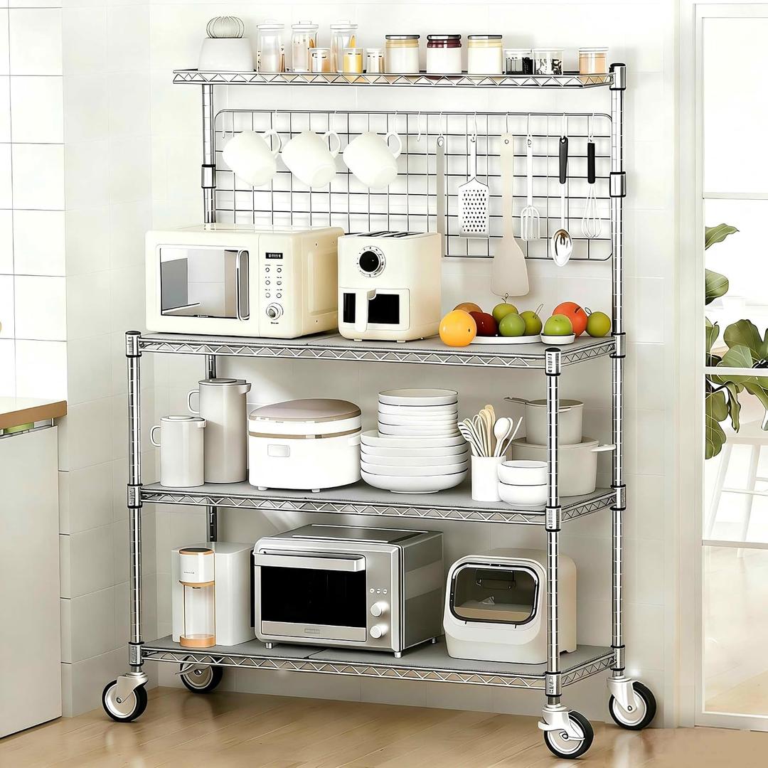 Bakers Rack with Storage & Wheels, 42In Microwave Stand Kitchen Shelves