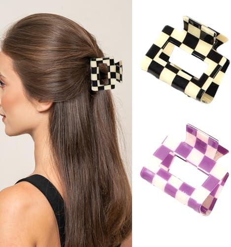 YUEELI 2 PCS Checkered Hair Claw Clips for Thin and Medium Fine Hair, Rectangle Hair Clips Y2K Hair Barrettes 90s Hair Accessories for Women, Black and Purple, Set of 4