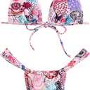 Women's High Waisted Bikini Set Floral Print Spaghetti Strap Smocked Wireless Bathing Suit Swimsuit 2 Piece Set (Large)