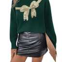 MakeMeChic Women's Bow Sweater Sequin Long Sleeve Crew Neck Knitted Fall Sweaters, M