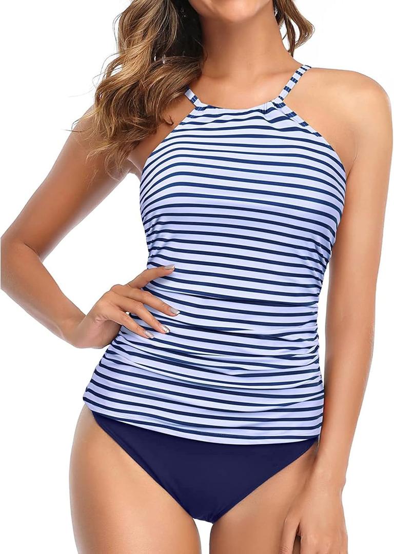 Tempt Me Two Piece Tankini Set Tummy Control Swimsuit for Women High Neck Top with Bottom Bathing Suits Ruched Swimwear (Small, Blue Stripe)