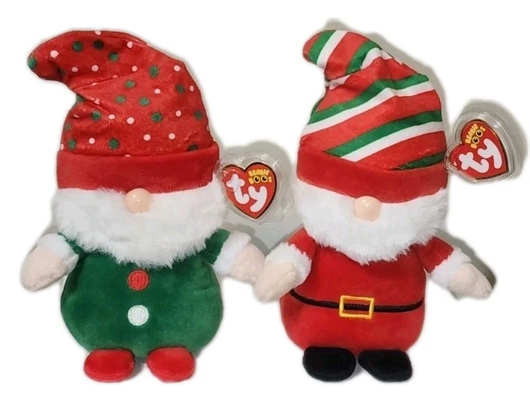 TY Beanie Boo Regular 15 cm Gnolan Gnome Green Xmas 2023 and TY Beanie Boo GNEWMAN - Christmas Gnome with Hat - 6"