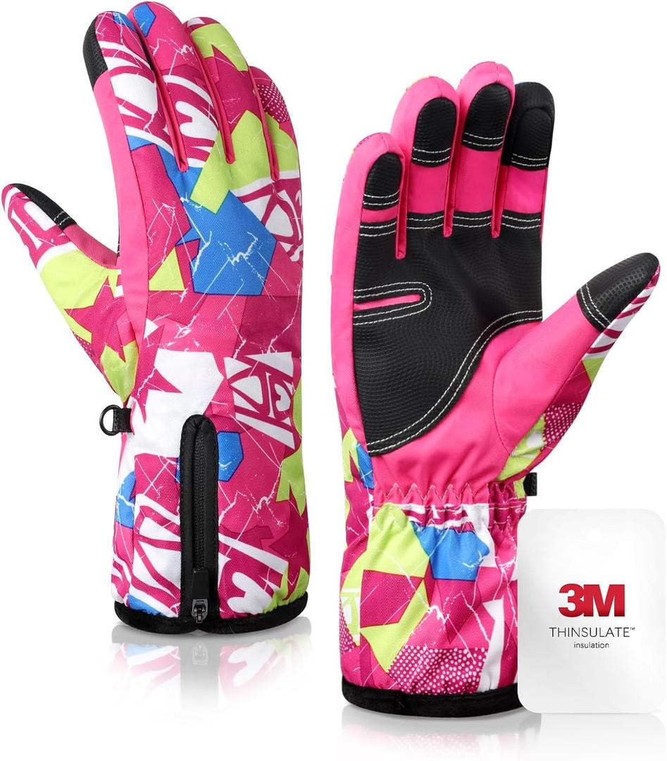 krosa 5-Layer Winter Gloves for Men & Women Made with 3M Thinsulate, -10 Waterproof Work Gloves for Cold Weather, Snow Ski Gloves with 10 Touchscreen Fingers (Large, Rose Doodle)